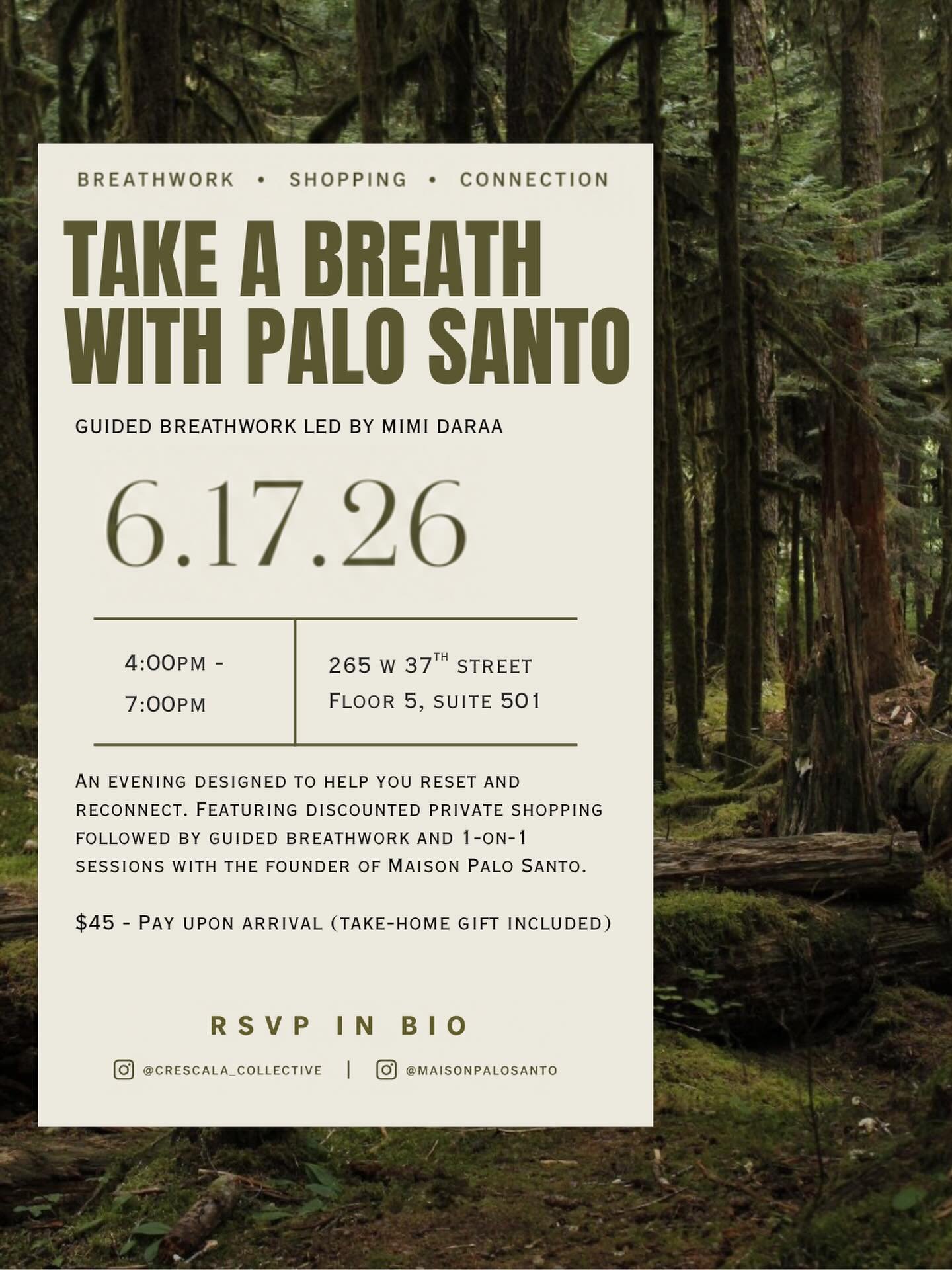 On June 17th, let&rsquo;s all take a breath. Join us at Crescala for breathwork led by Mimi Daraa, the founder of Maison Palo Santo. 

Breathwork starts at 5:00 PM, but come before for discounted private shopping! 

Tickets are $45, and you can pay u