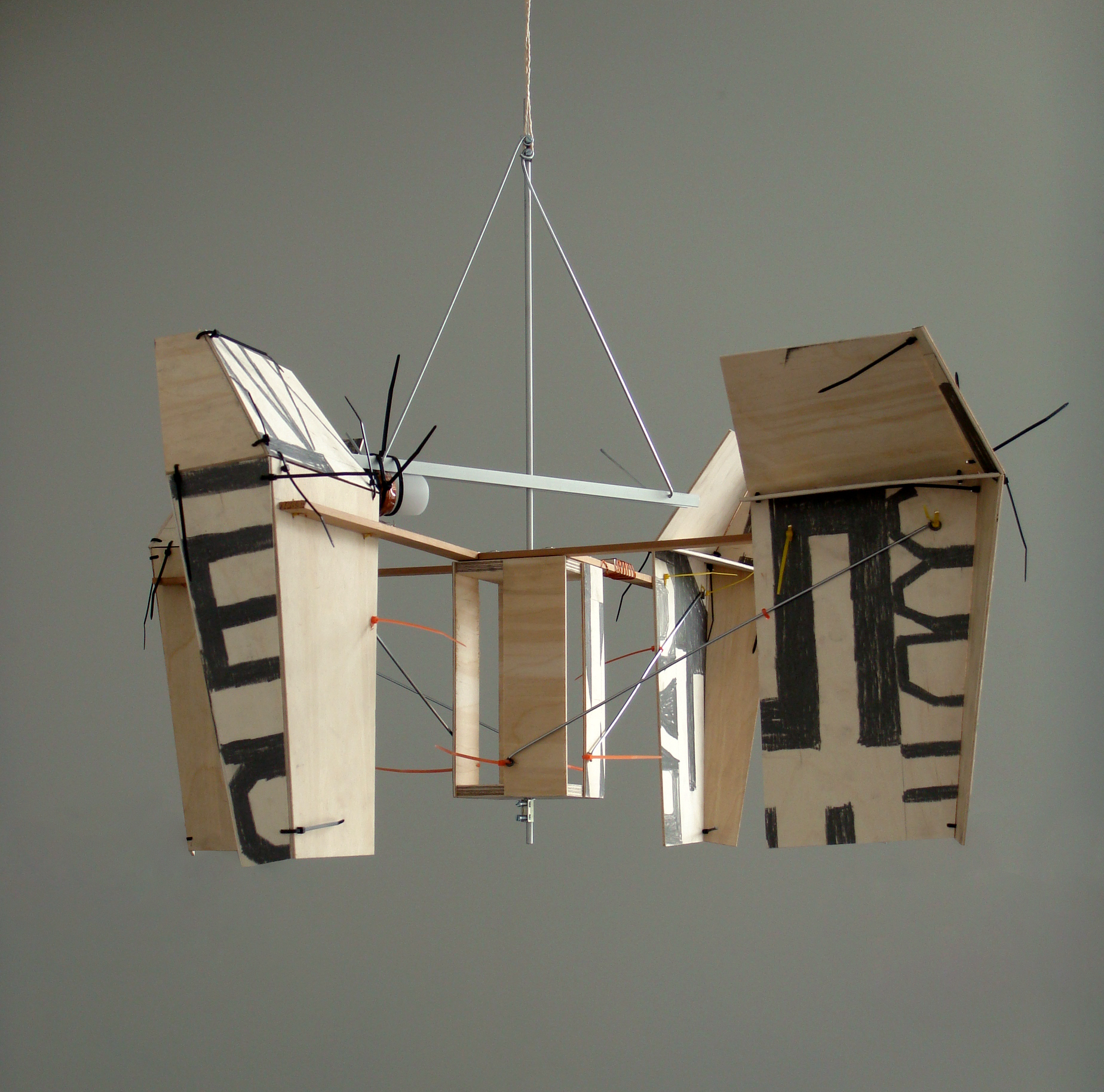 Dave Hullfish Bailey Document Shredder (reading device for a dark and wind-wracked place / seventh prototype) 2010 Pencil on plywood, steel, aluminum, cable ties, film canister, magnets, copper wire, red LED bulbs 60 x 73 x 73 cm / 23,6 x 28,7 x 28,7 in