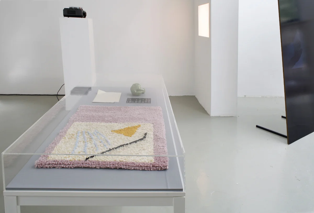 Ruth Buchanan An image of a solid 35mm slide show, 13’00”, 80 slides (6 colours) variable dimensions
Ruth Buchanan An exterior, an interior, a surface 2012 customised table with plexi-glass vitrine, hand latch - hooked rug, papier mache, text on card 175 cm x 75 cm x 85 cm 