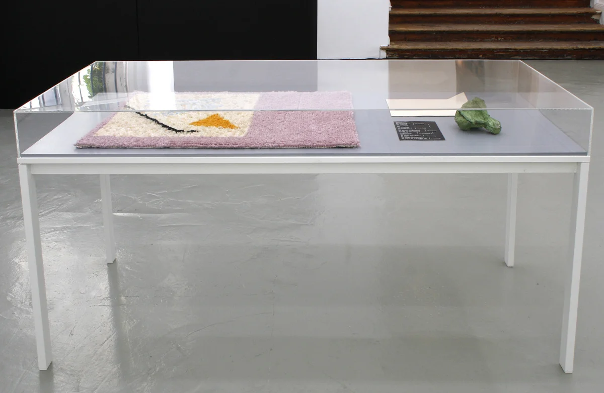 Ruth Buchanan An exterior, an interior, a surface 2012 customised table with plexi-glass vitrine, hand latch - hooked rug, papier mache, text on card 175 cm x 75 cm x 85 cm 