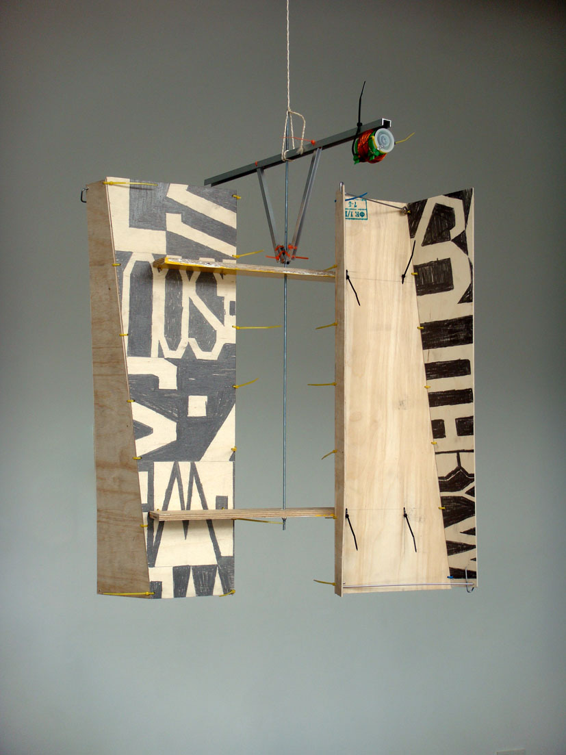 Dave Hullfish Bailey Document Shredder (reading device for a dark and wind-wracked place / sixth proto-type) 2010 Pencil on plywood, steel, aluminum, cable ties, film canister, magnets, copper wire, red LED bulbs 73 x 60 x 20 cm / 28,7 x 23,6 x 7,9 in 