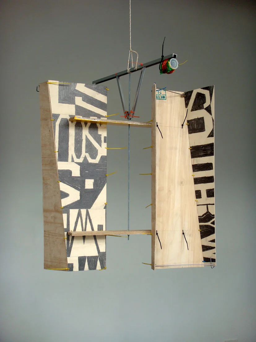 Document Shredder (reading device for a dark and wind-wracked place / sixth prototype) 2010 Pencil on plywood, steel, aluminum, cable ties, film canister, magnets, copper wire, red LED bulbs 73 x 60 x 20 cm