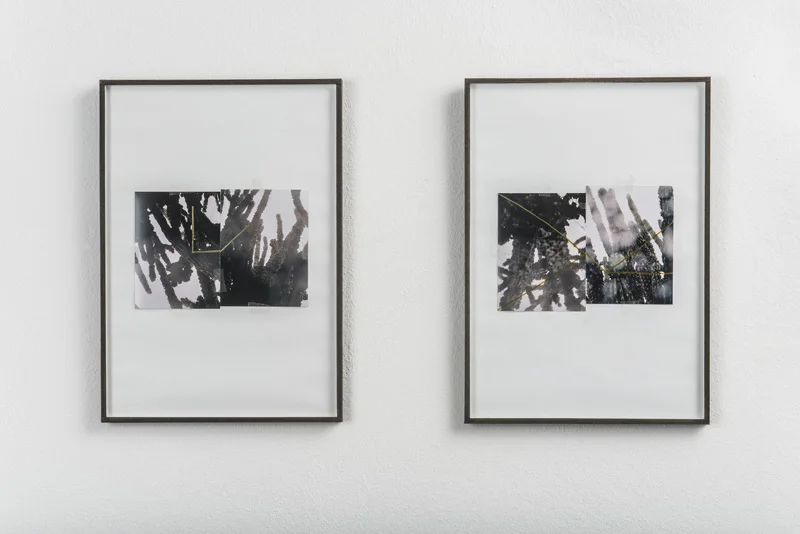 During the tempest, occasional sun beams revealed traces of the community that once lived there (detail) 2013 9 collages: pen on digital prints from 35 mm neg. film on paper 30 x 21 cm each (framed)
