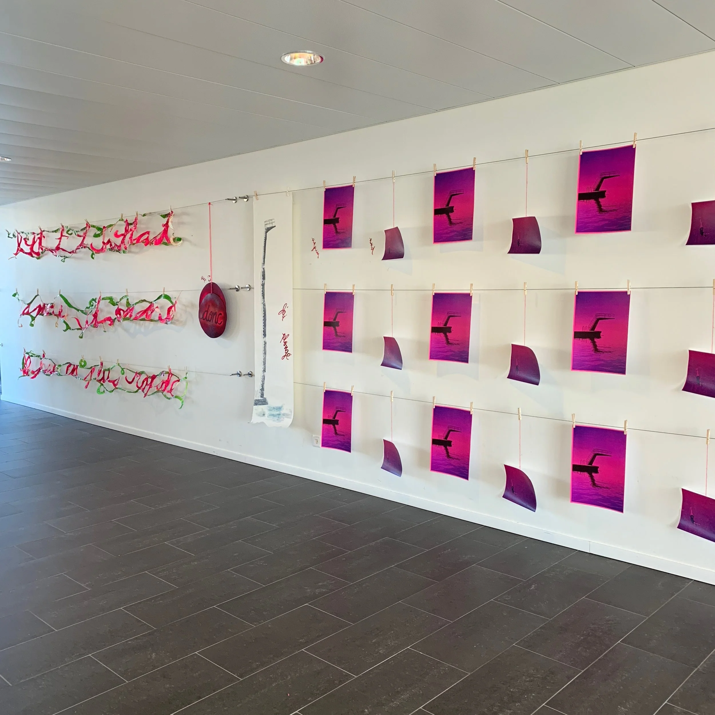 A wall decorated with pink and purple photos, displaying Lac Leman Lutry diving platform along with pink and green papercut decorations spelling out the narrative in french.