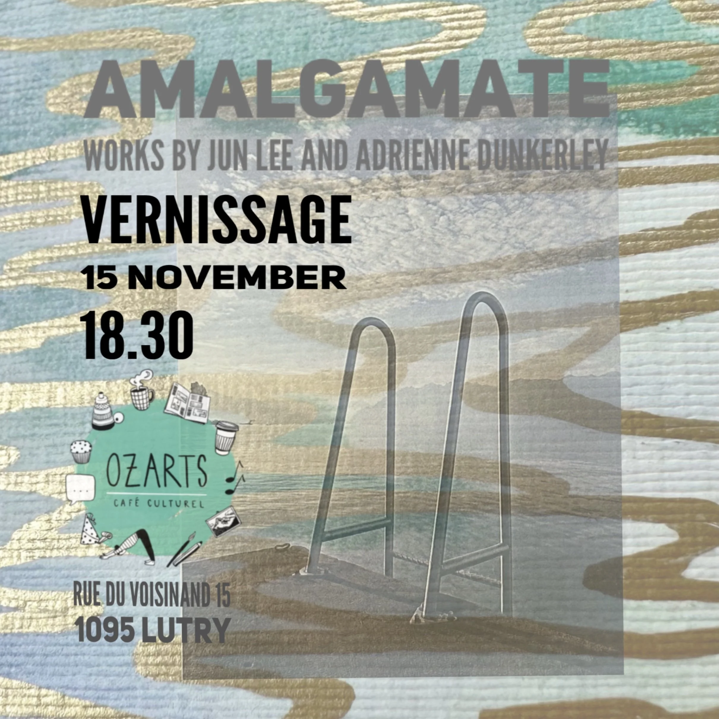 A poster or digital display advertising an art exhibition called 'AMALGAMATE' with works by Jun Lee and Adrienne Dunkerley. The event features an opening reception on November 15th at 6:30 PM at OZ Arts, located at 107 East 5th Street, Nashville, Tennessee. The poster has a colorful, abstract background with wavy patterns in pastel shades and includes small illustrations of art supplies and creative tools.