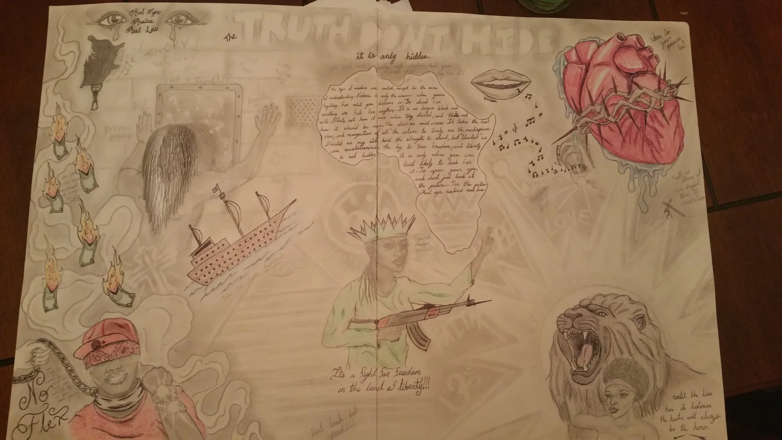 *Image of a 'lyrical mural' prepared by an inmate of the St. Louis Justice Center; contains original writing (African continent), pencil shadings, crayon and colored pencil work. Inmate developed and dedicated the work to me during my "Right to Express" Prison Performing Arts class-- in discussion of a fully envisioned 'Liberation Ideology.'