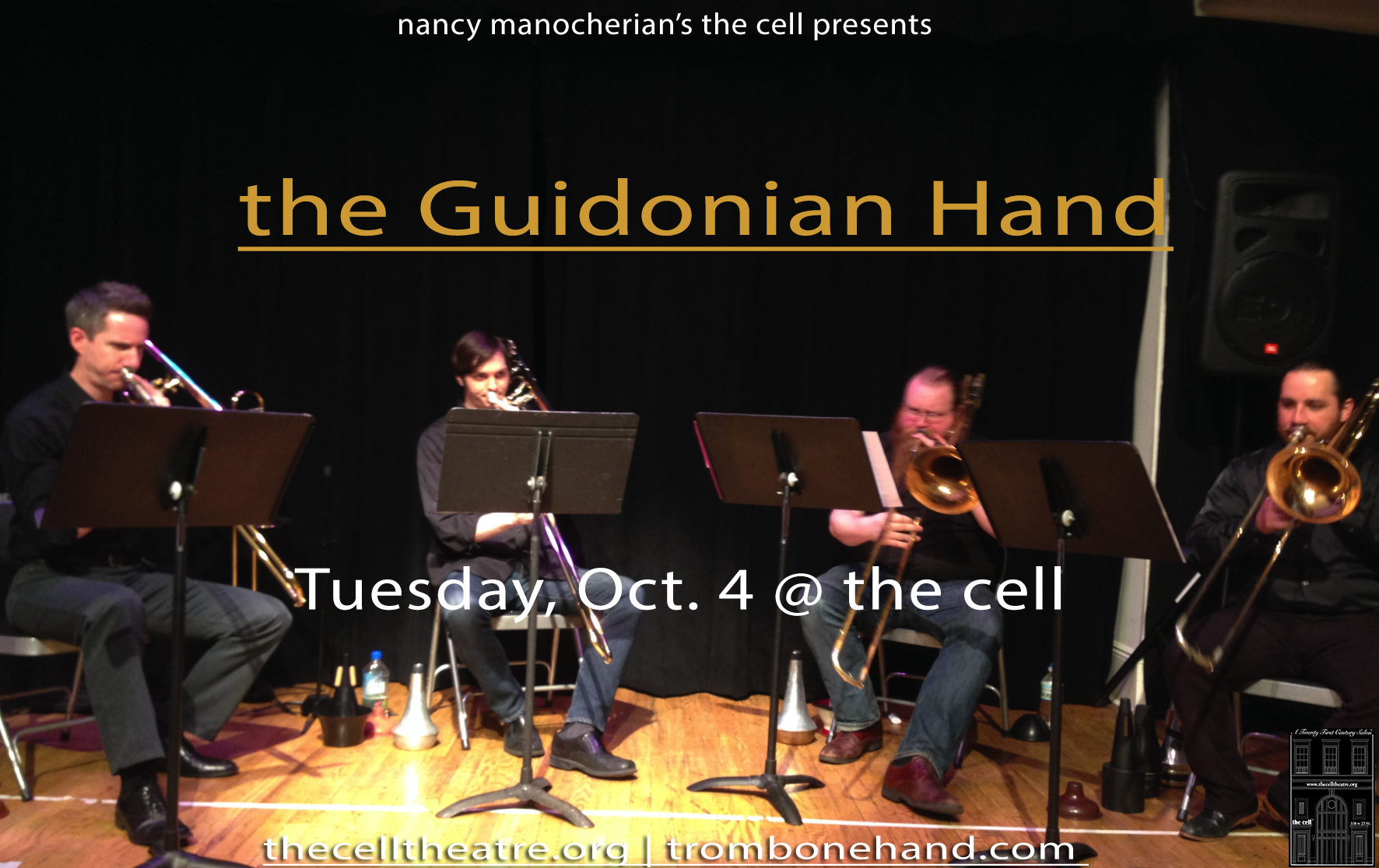 Dedicated to educating and inspiring young musicians, members of the Hand actively participate in community outreach and music education through such organizations as the New York Philharmonic, the American Composer’s Orchestra, Barge Music, the Bronx Charter School for the Arts, Kaufman Music Center, and Third Street Music School Settlement. They have also presented masterclasses at various colleges and universities including the University of the Arts in Philadelphia and West Chester University. Originally hailing from California, New York, and Utah, the trombonists of the Hand now call New York City home. They hold graduate degrees from the Manhattan School of Music, the New England Conservatory, and the Royal Academy of Music (London). The Guidonian Hand is Mark Broschinsky , Will Lang , Matt Melore and James Rogers .