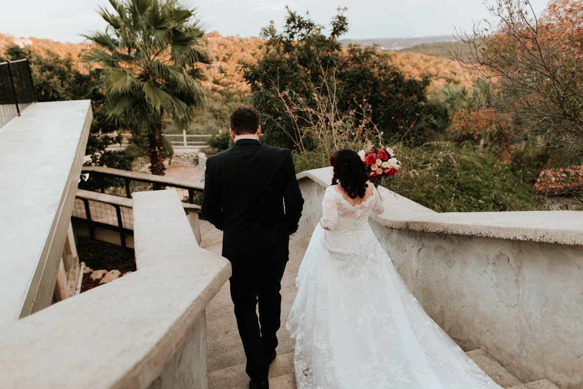 Bride and groom before Christmas wedding