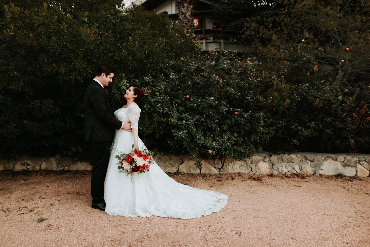 Bride and groom before Christmas wedding