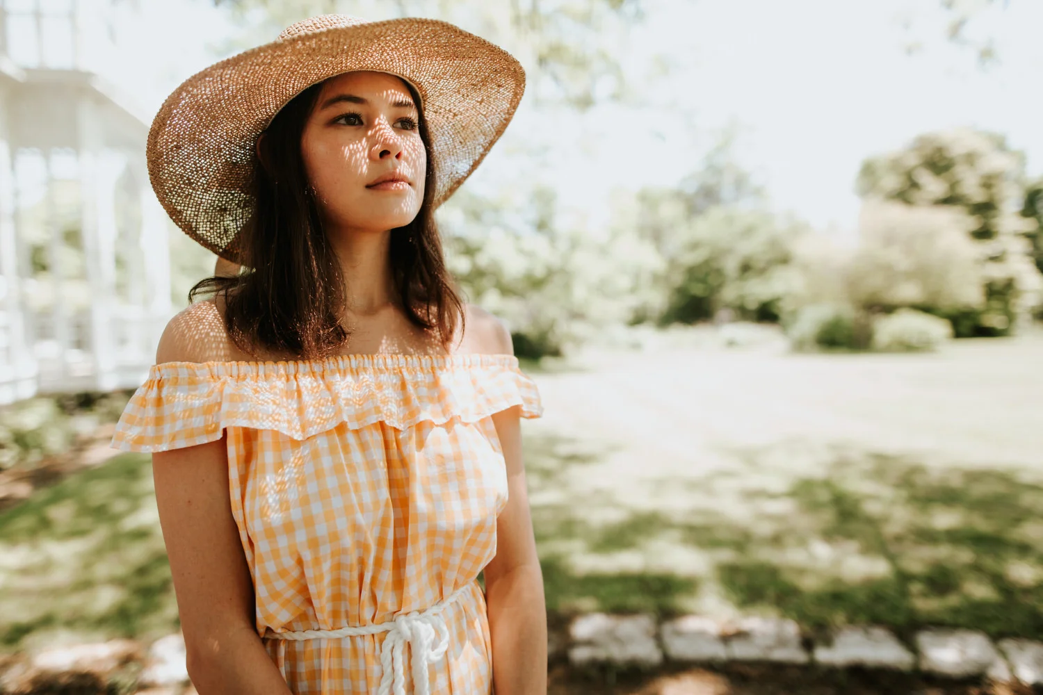Woman in yellow gingham vintage dress