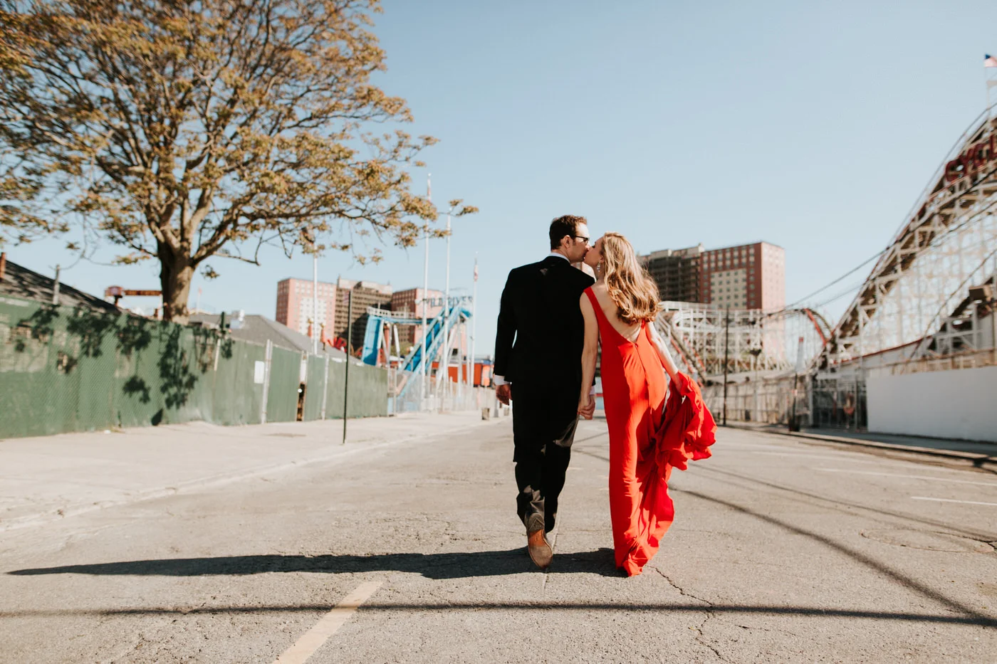 Elegant engaged couple at Coney Island