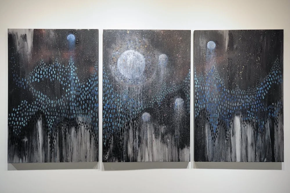 Celestial Bodies 2018, wood, acrylic, aerosol, pigment, gold leaf, 150” x 88” x 2.25”