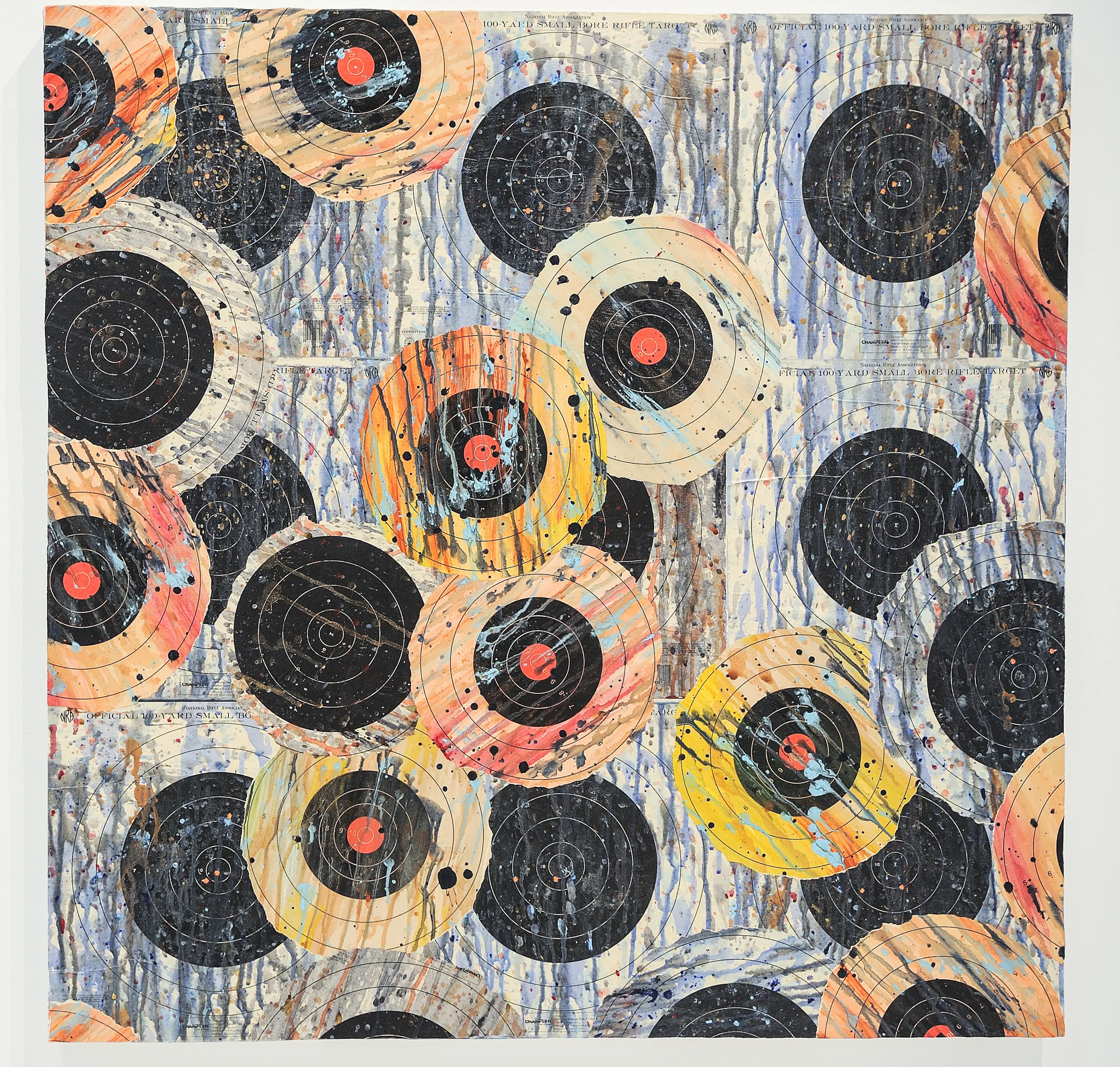 NRA Target Fiesta , 2019, paper targets, acrylic, pigment on panel, 3’ 6” x 3’ 6” x 1.75”