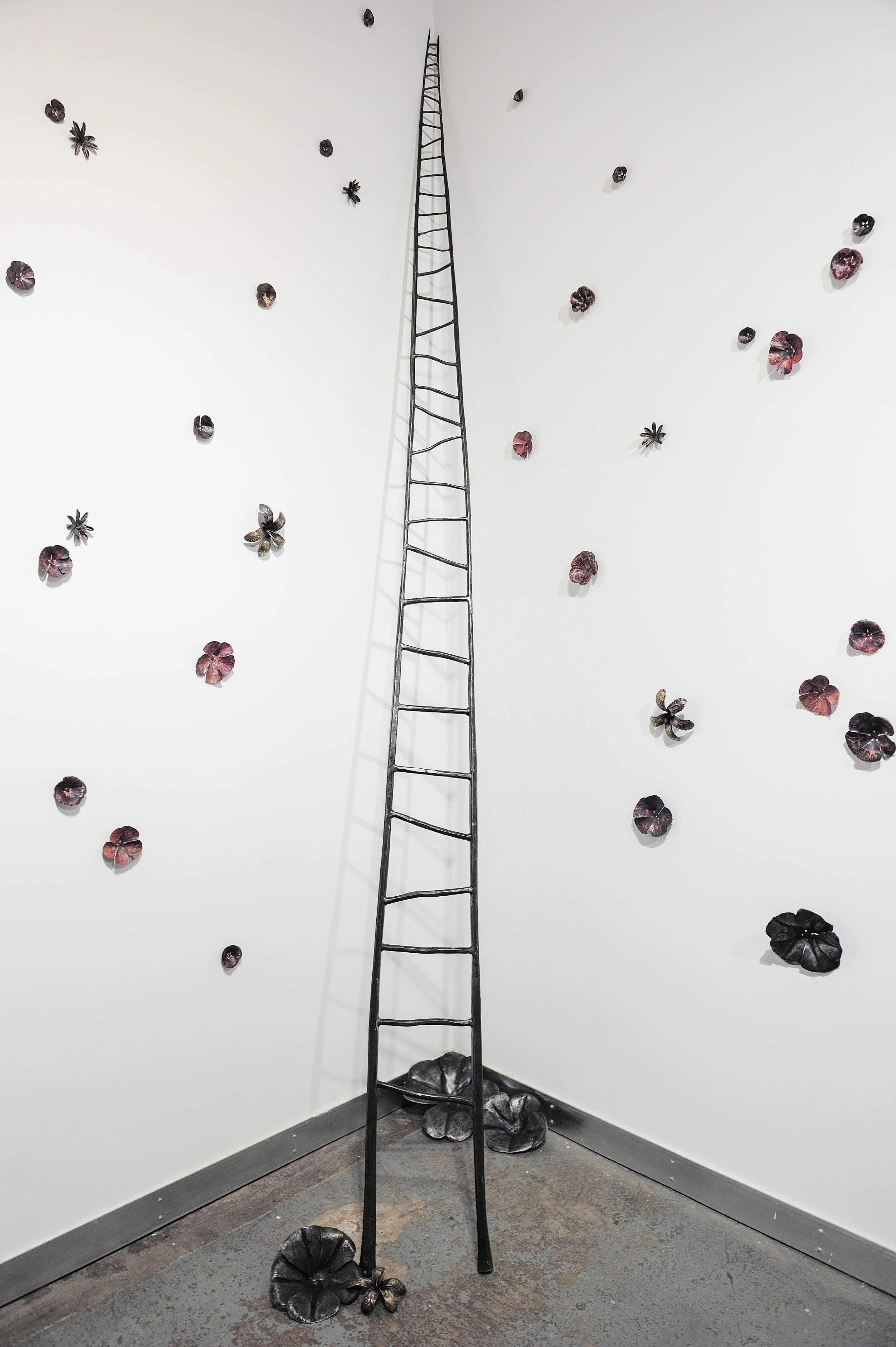 Ethereal 2018, forged steel and copper flowers, 13’ x 1’ (dimensions variable for installation, approximately 10’x10’)