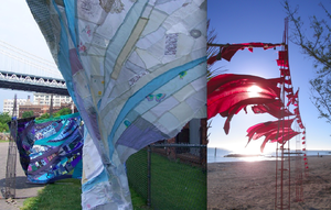 Reoccurrence / Sea Communication 2010, outdoor fabric and steel installation, 10' x 12' Reoccurrence I in Brooklyn NY, alongside outdoor fabric and steel installation Sea Communication in FL at Sculpture Key West