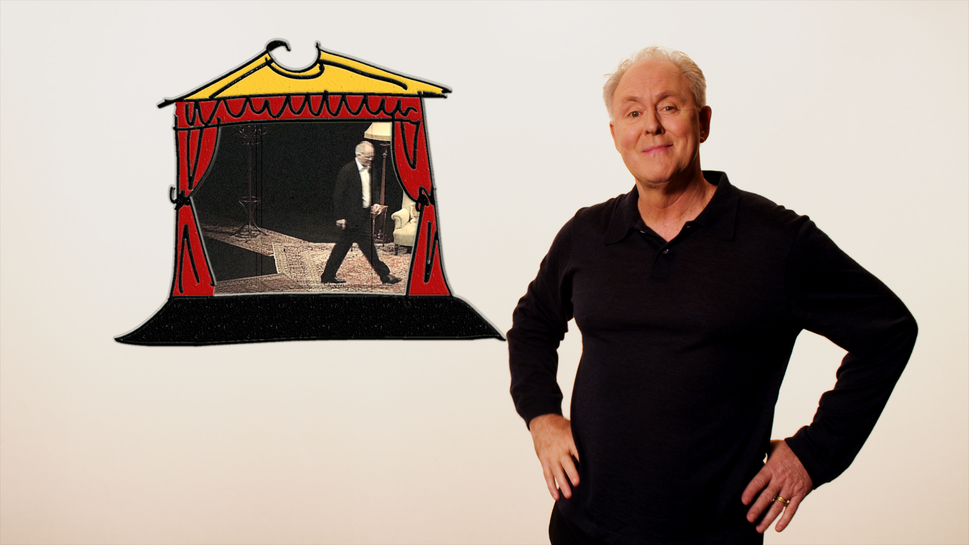 A man with gray hair and a black shirt stands next to a graphic illustration of a stage with red curtains. Inside the stage, there is a smaller photo of the same man walking in a room with furniture.
