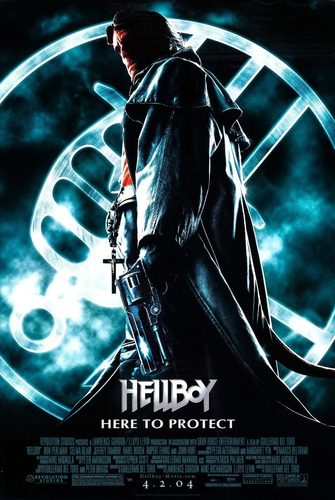 Promotional poster for the movie 'Hellboy' showing a man in a leather coat holding a gun, with a cross necklace, standing in front of a glowing Hellboy symbol and the title text.
