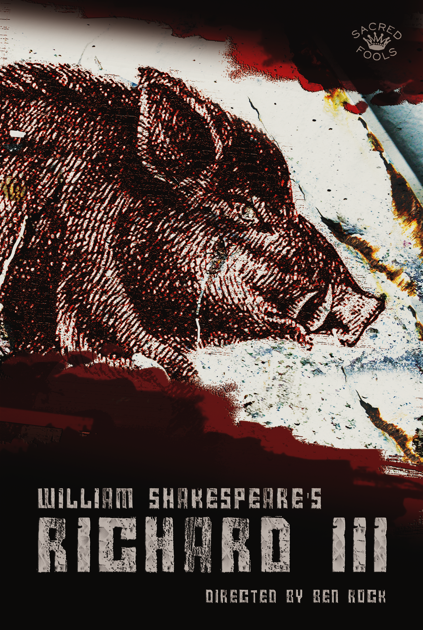 Poster for William Shakespeare's play "Richard III" directed by Ben Rock, featuring a distressed illustration of a face with a crown.