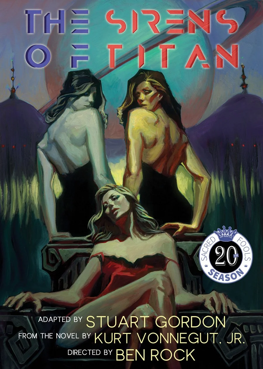 Cover art for "The Sirens of Titan" featuring three women with long hair, two seated and one lying down, set against a colorful, abstract background with purple domed structures and a large planet or moon in the sky.