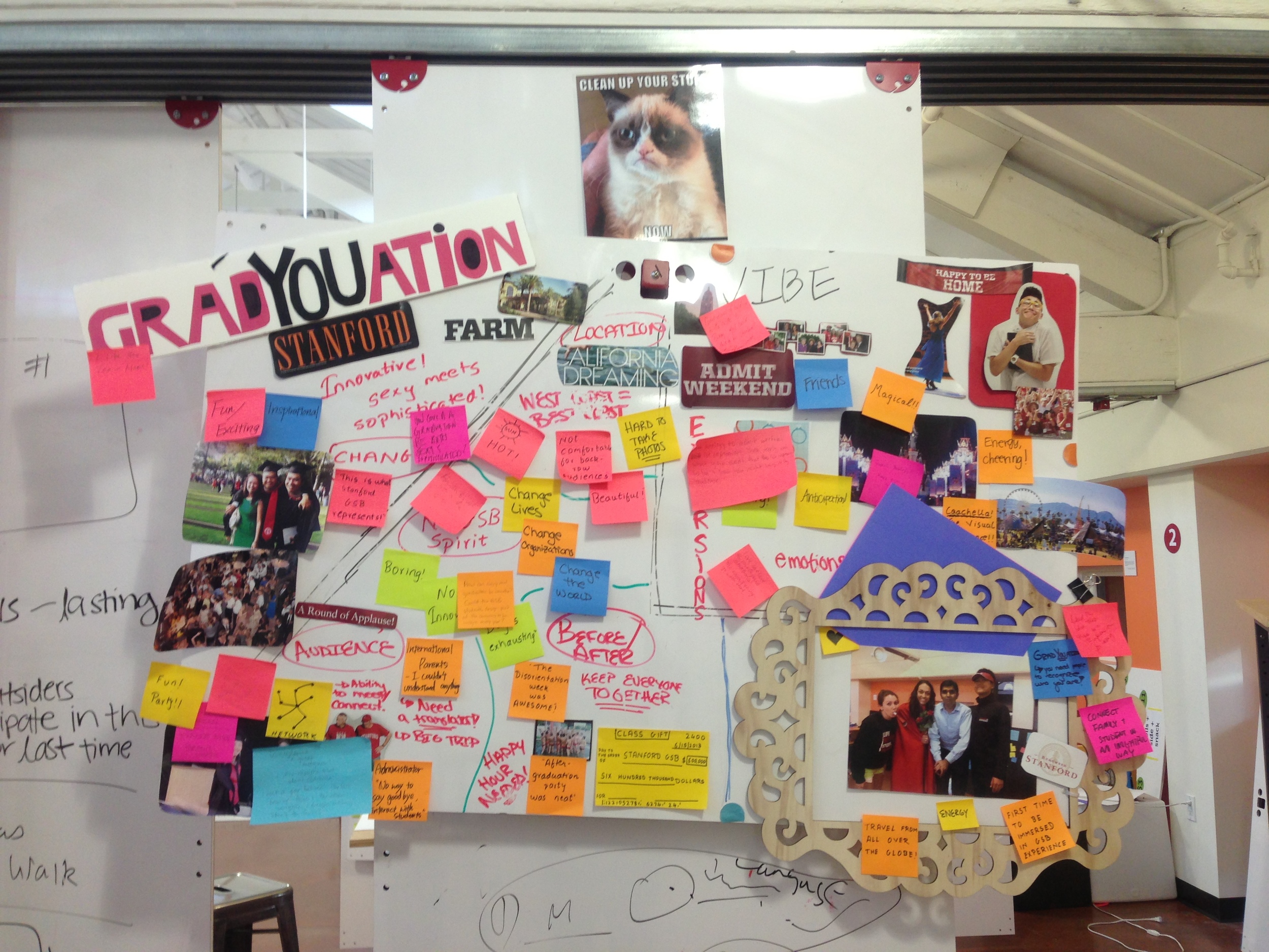 the d.school thrives on information sharing on using physical medium - post its, posters and white boards