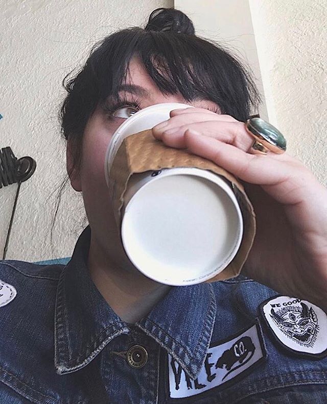 @littlehoneydip getting her morning drink on while Reno our Vile Rat Patch! Thanks miss 🤘🏻❤🤘🏻#vile #vileco #vilecompany www.vilecompany.com