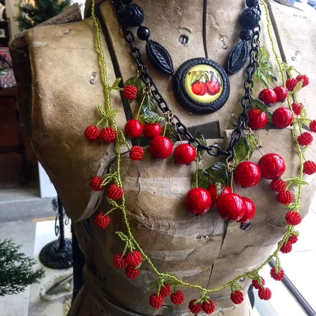 Cherry Jubilee! Resin Cherry necklace, Resin cherry necklace, beaded long cherry necklace.