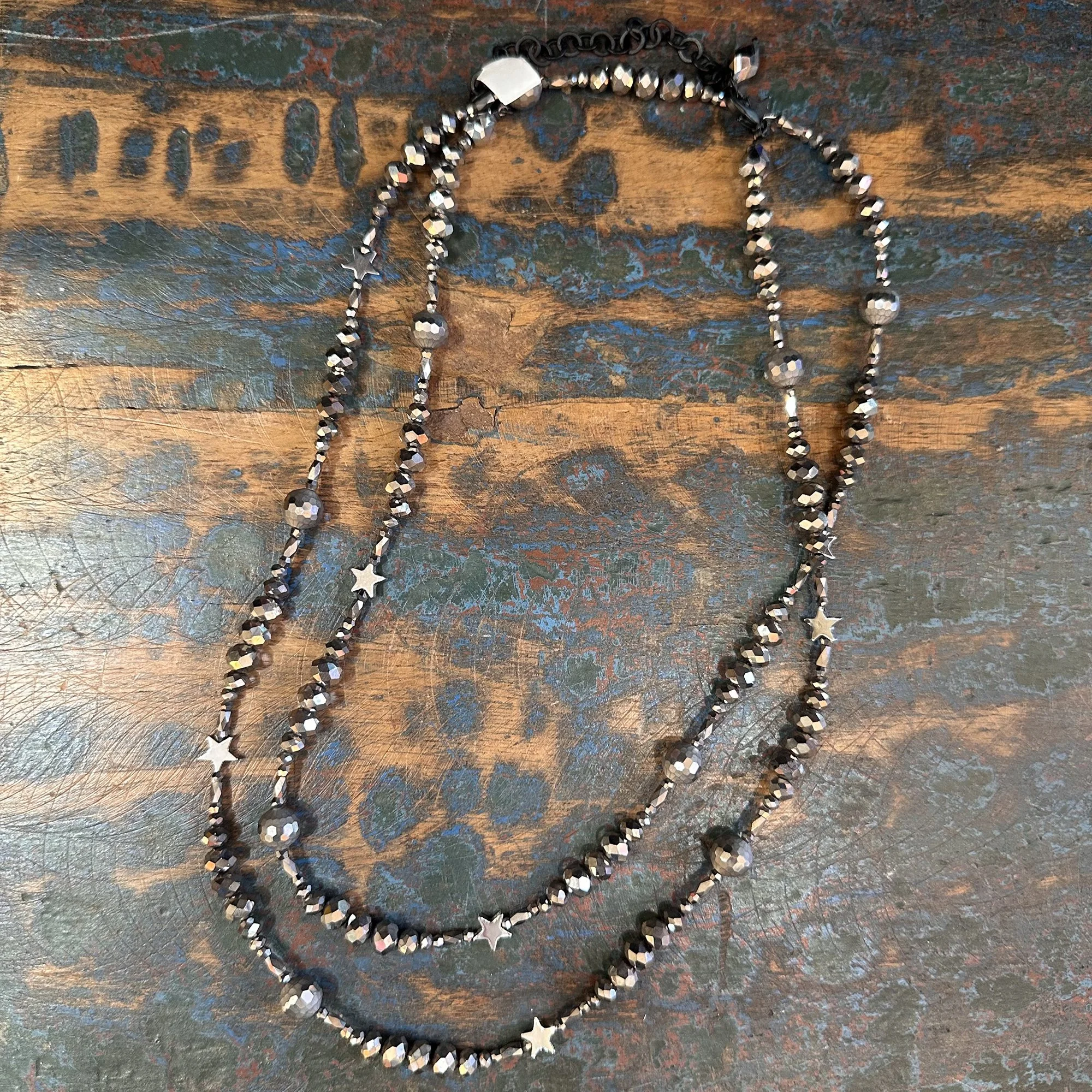 Bright Silver Glass with Stars Necklace