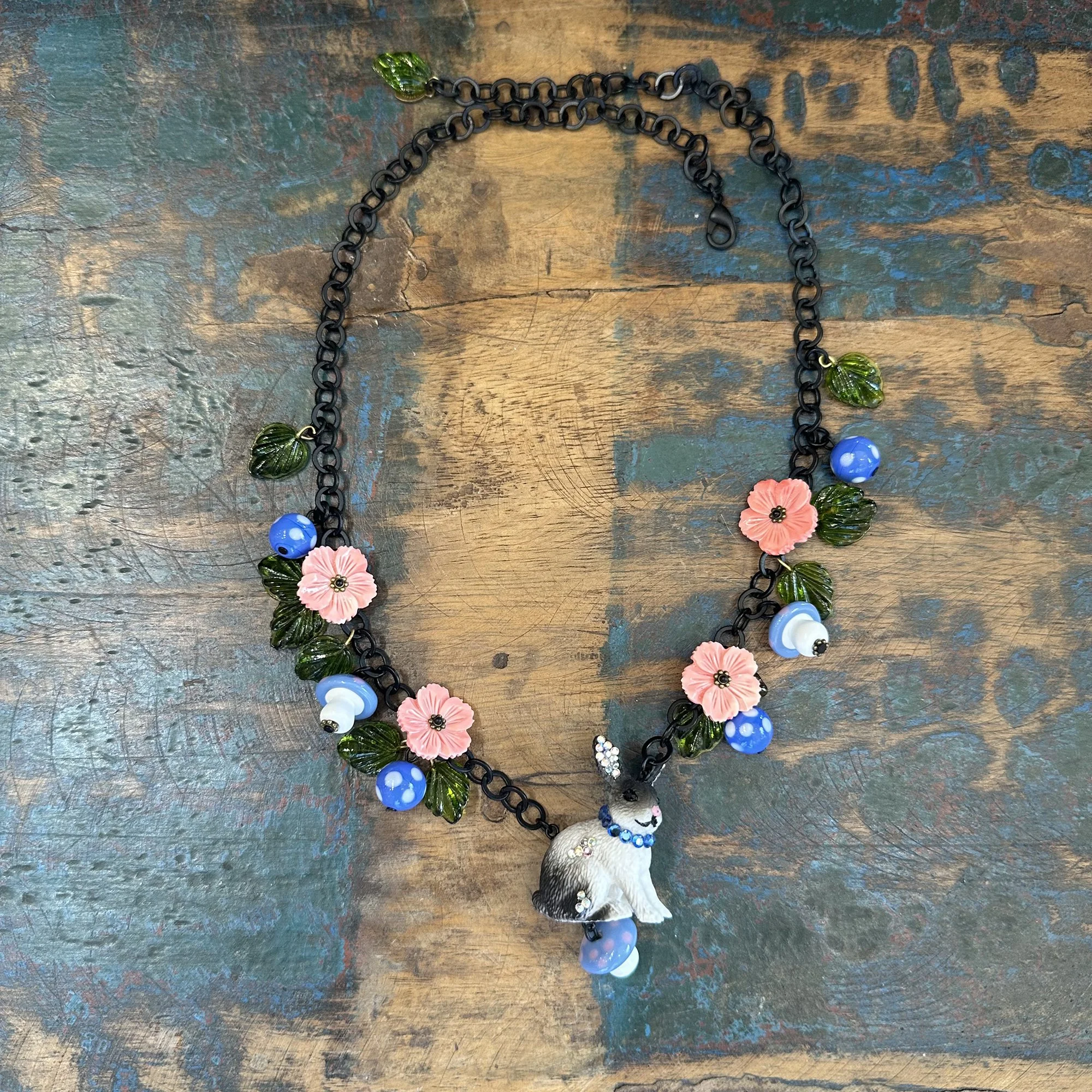 Sitting Gray and White Rabbit Necklace