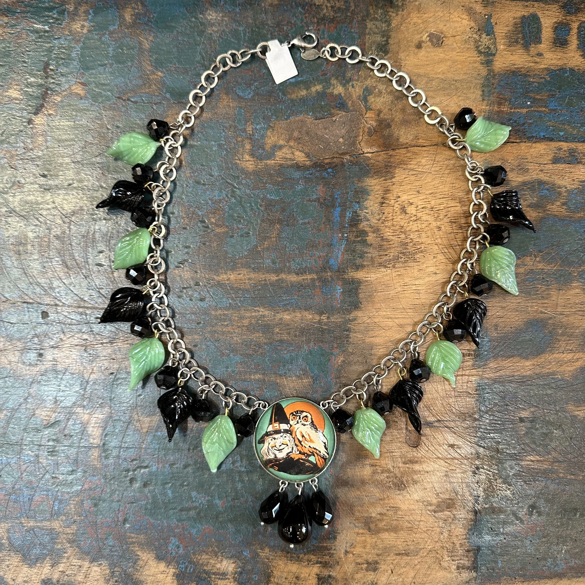 Spooky Witch and Owl Leaf Necklace