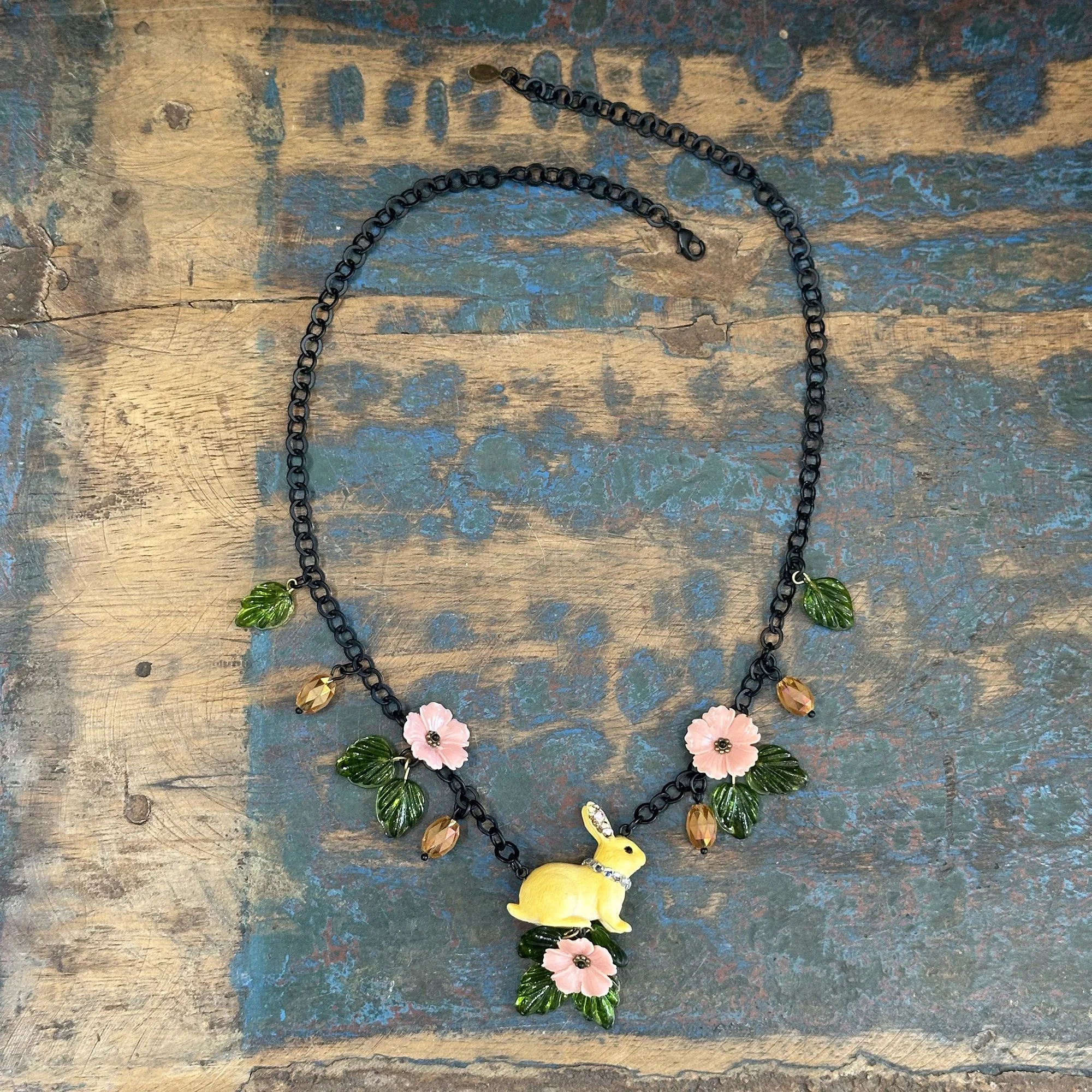 Rabbit and Pastel Pink Flower Necklace