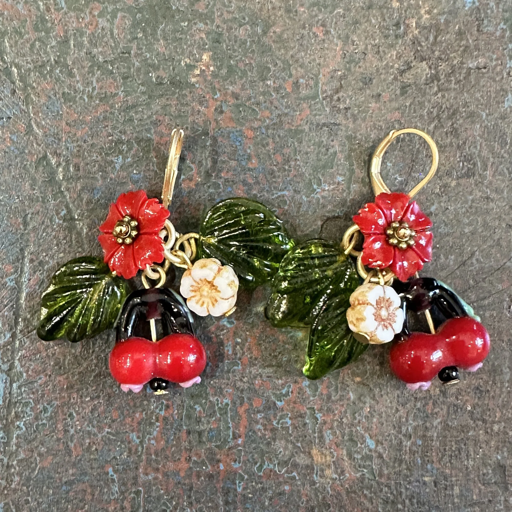 White and Red Czech Glass and Flower Earrings