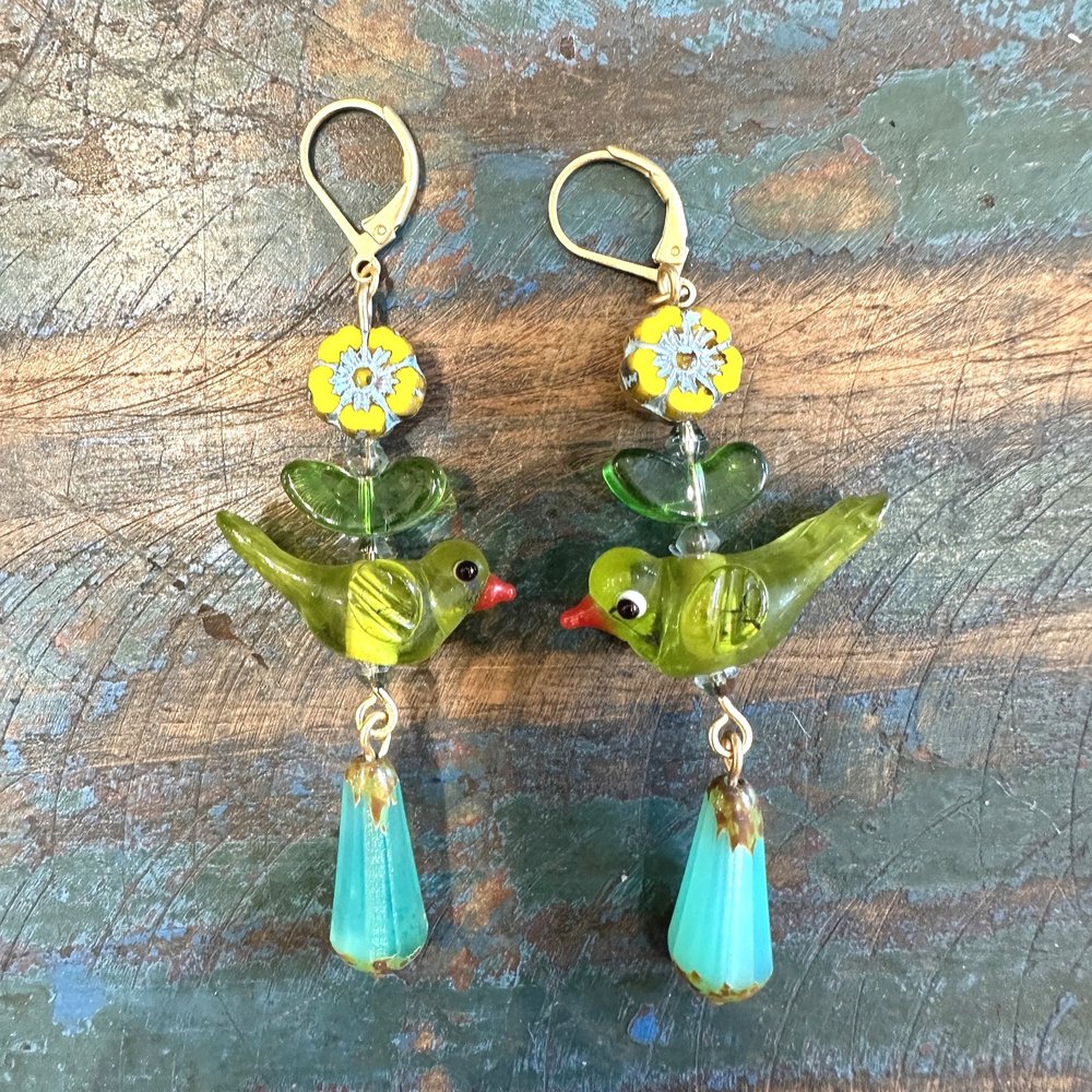 Green and Yellow Bird and Flower Earrings — Favor Hotcakes