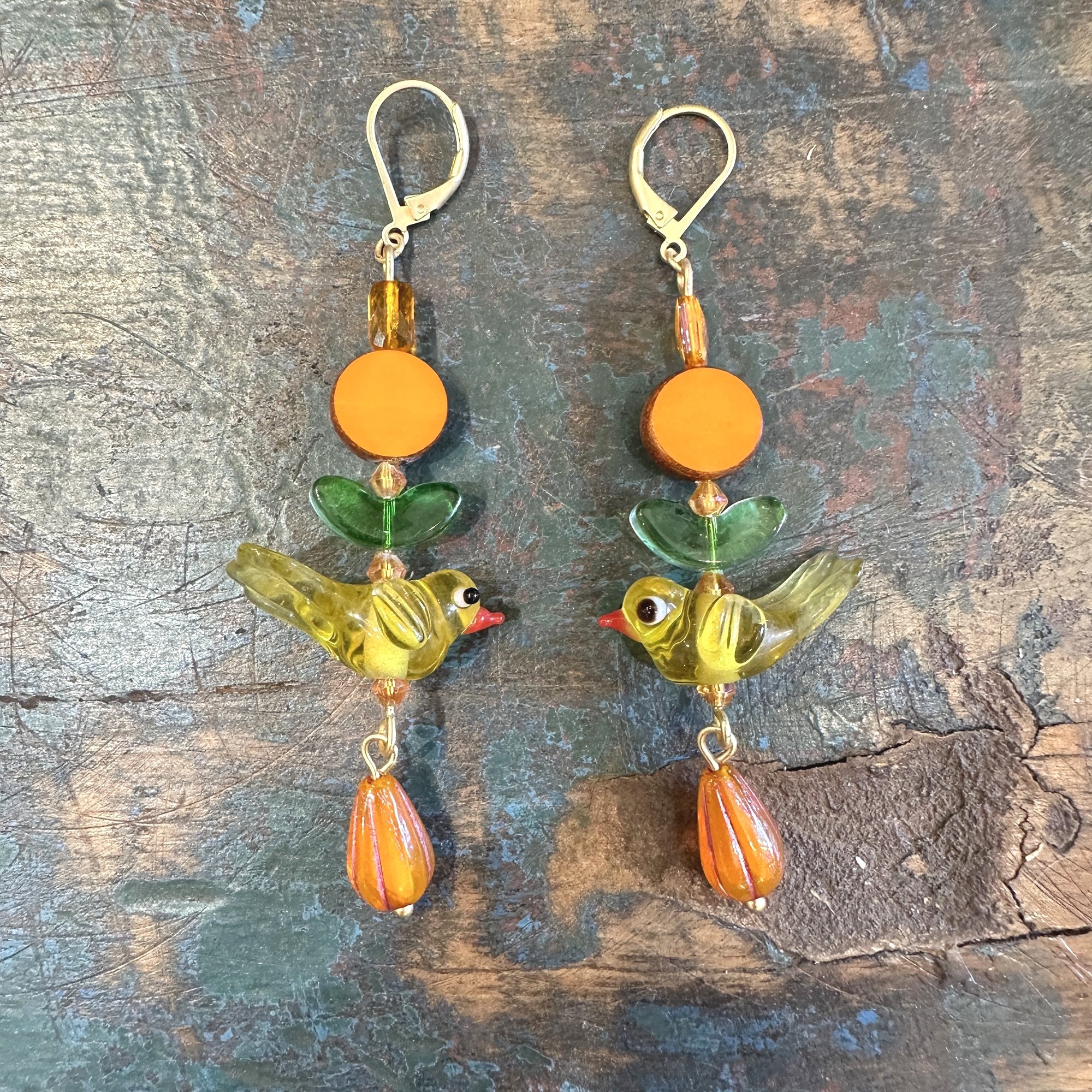 Orange and Yellow and Bird Earrings