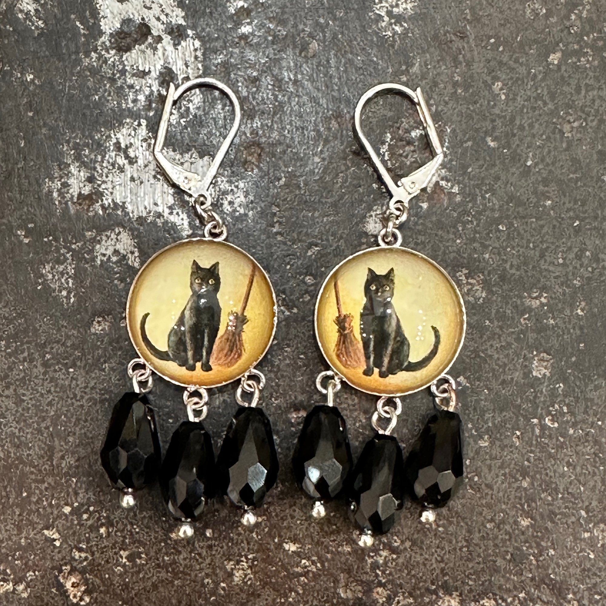 Black Cat and Witches Broom Earrings