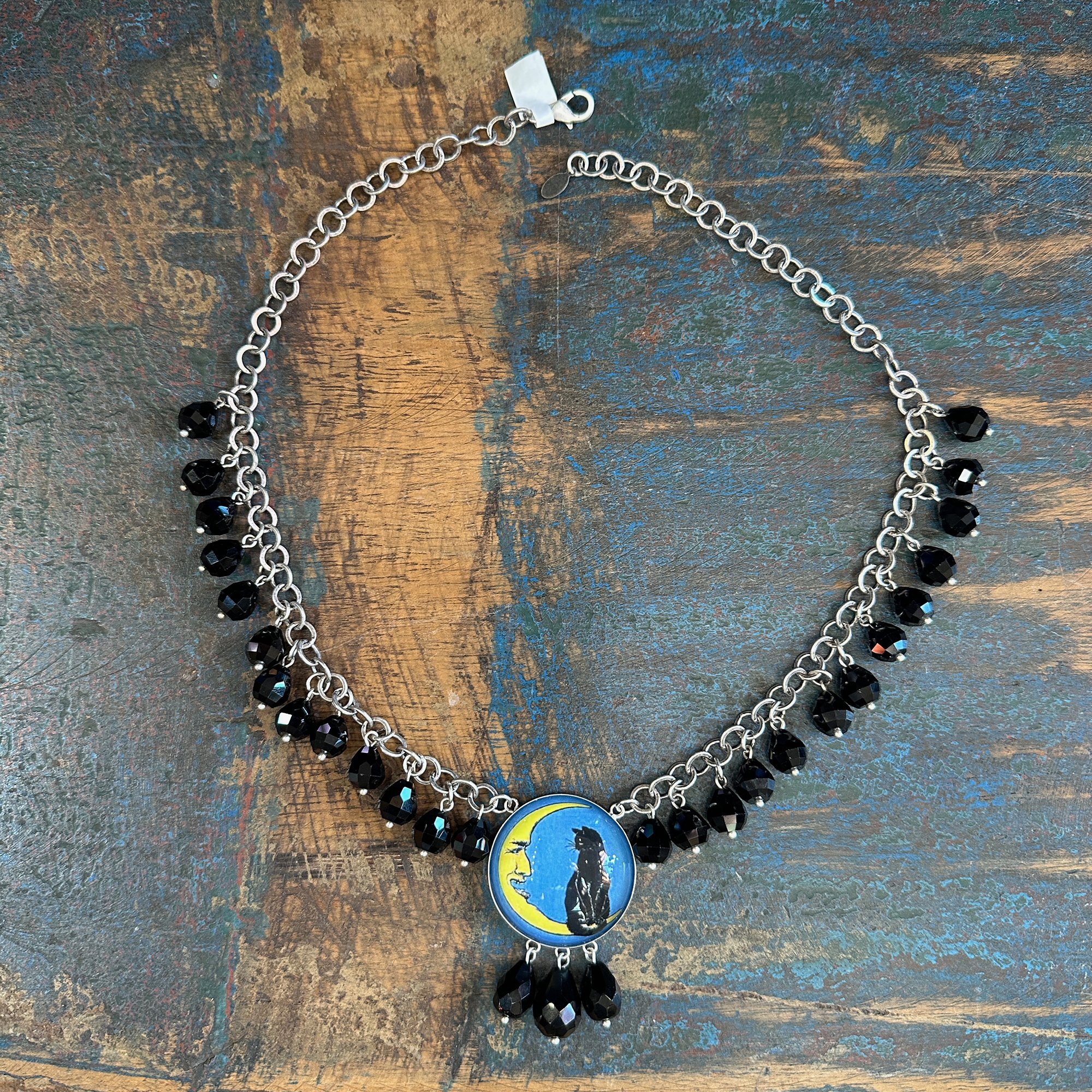 Cat and Crescent Moon Gem Necklace
