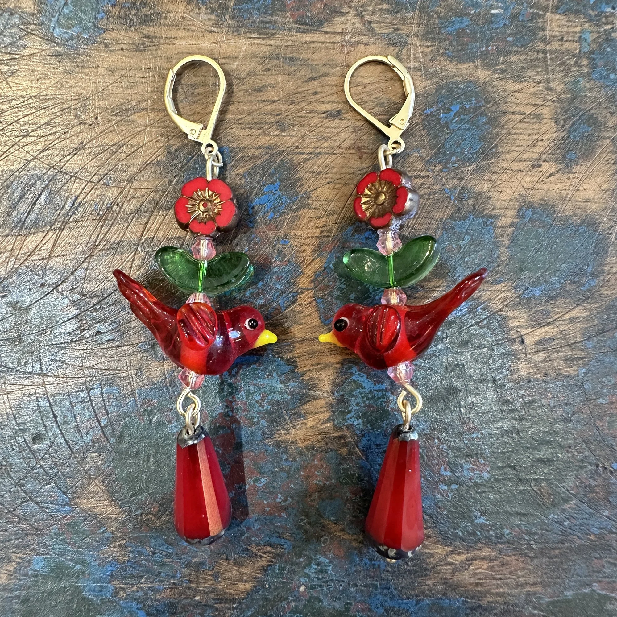 Red Bird and Red Czech Glass Earrings