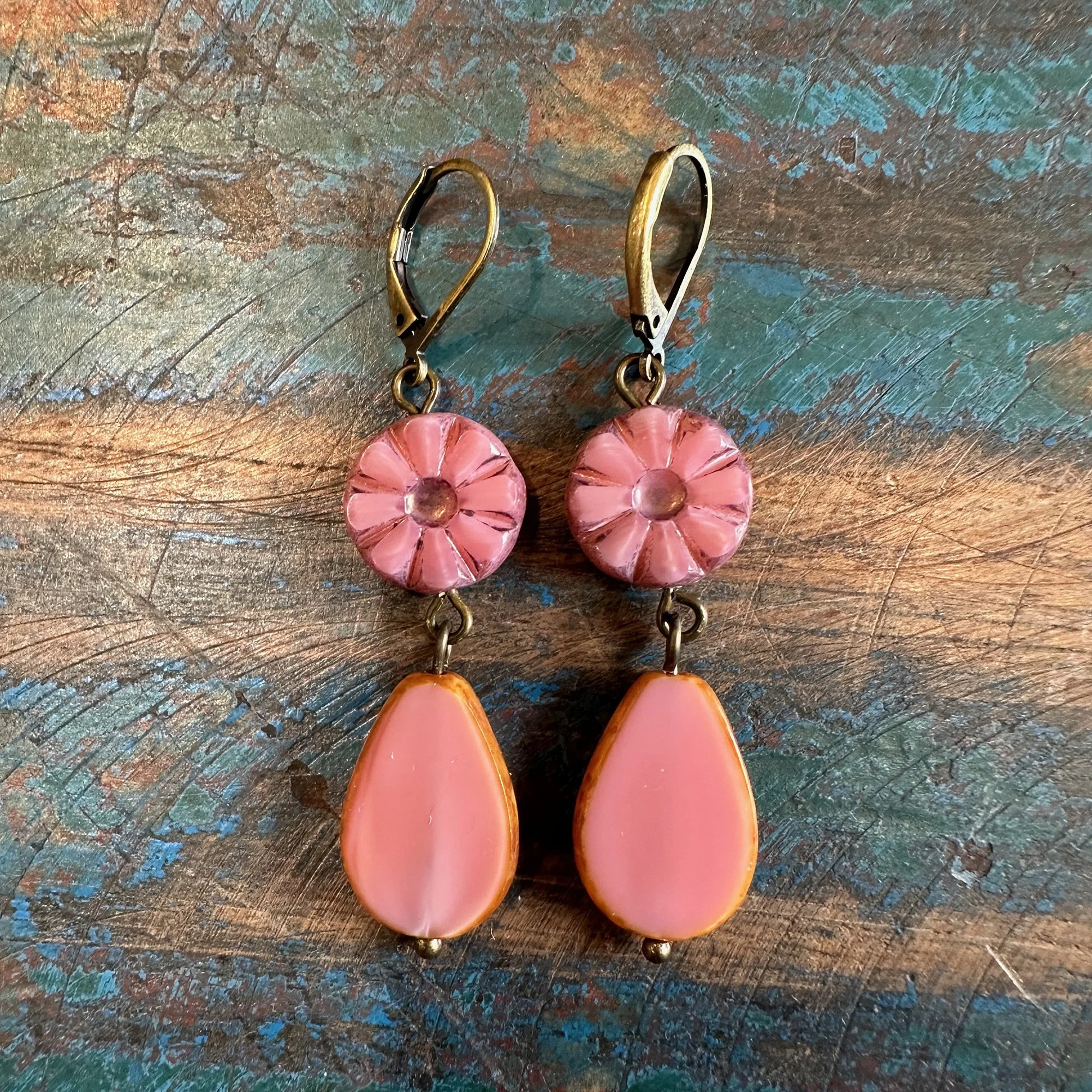 Pink Czech Glass Flower Earrings