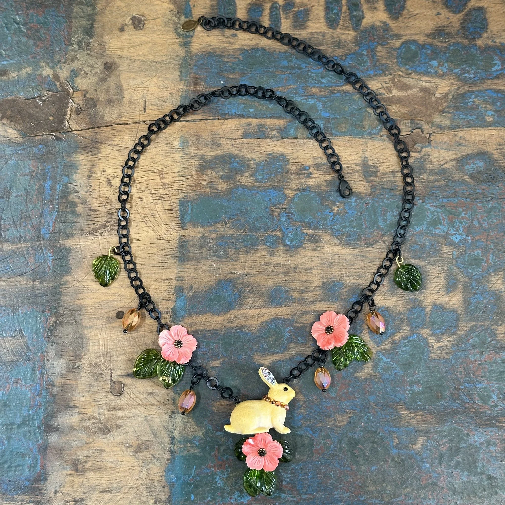 Rabbit with Coral Flowers Necklace