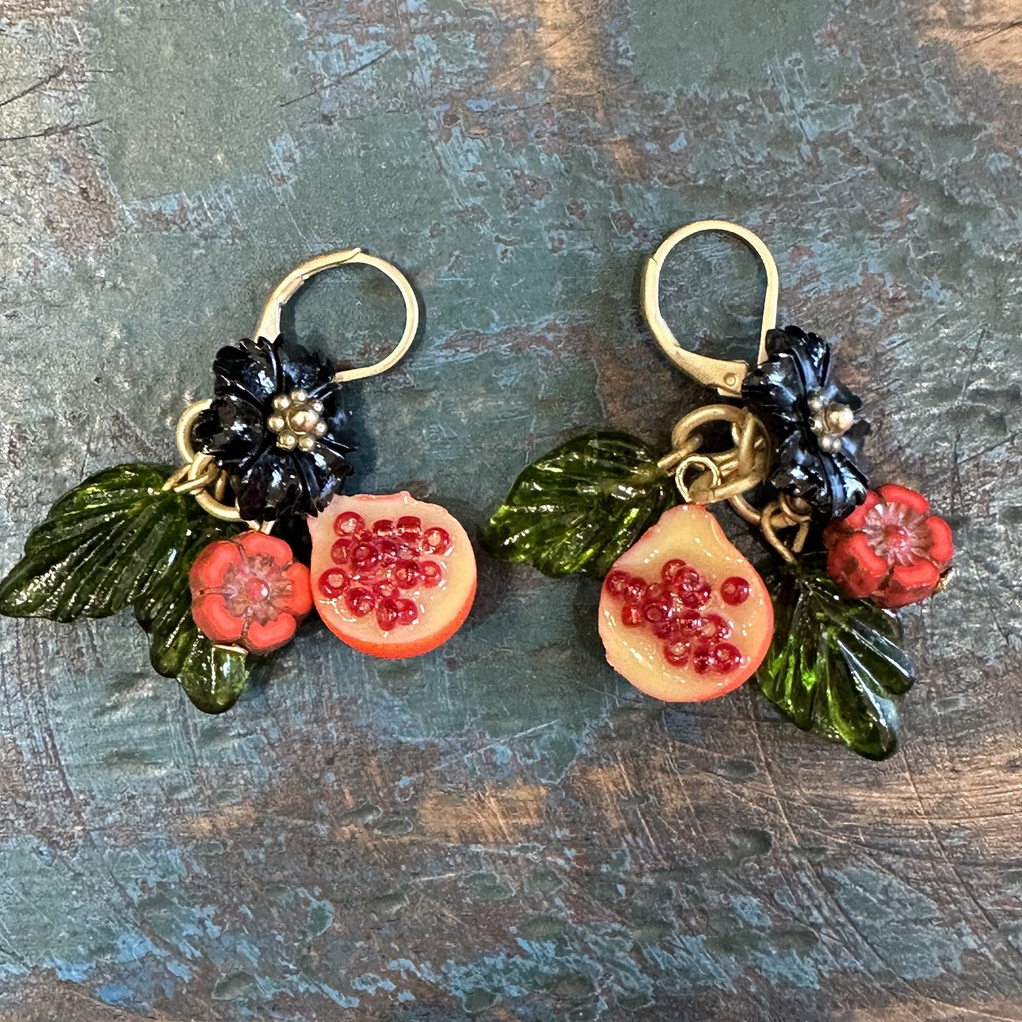 Black and Red Flower and Pomegranate Earrings