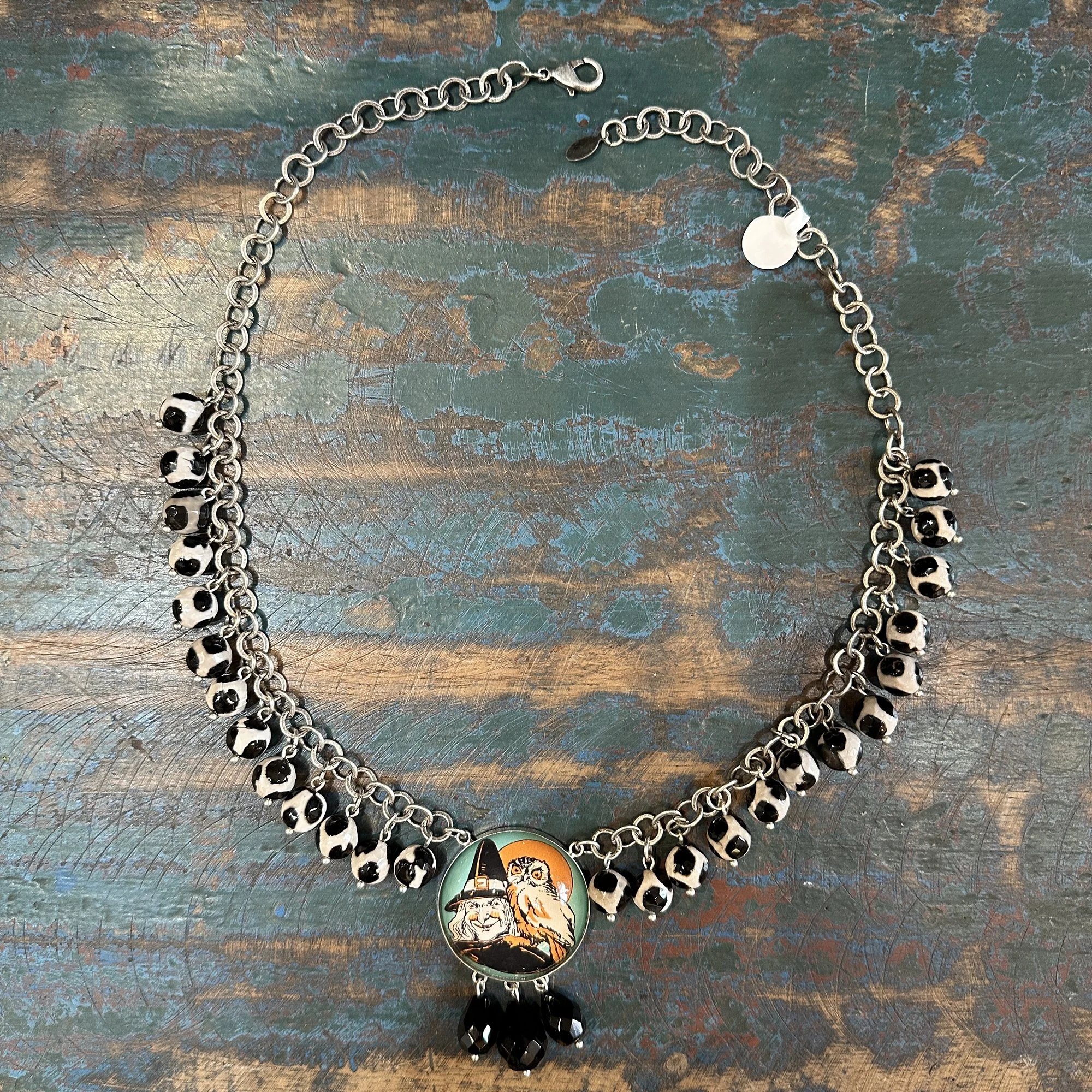 Spooky Witch and Owl Polka Dot Necklace