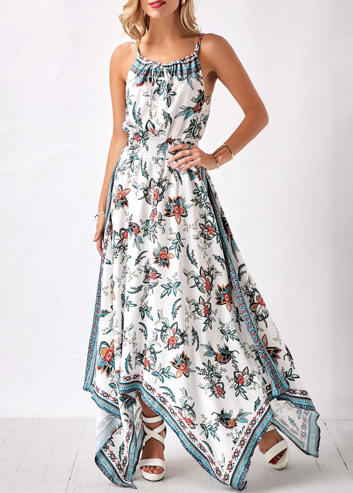 Rotita - Spaghetti Strap Flower Print Sharkbite Hem Maxi Dress