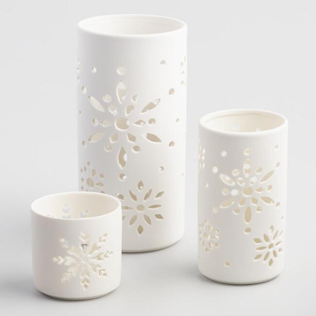 Cost Plus World Market White Ceramic Snowflake Tealight Candleholder