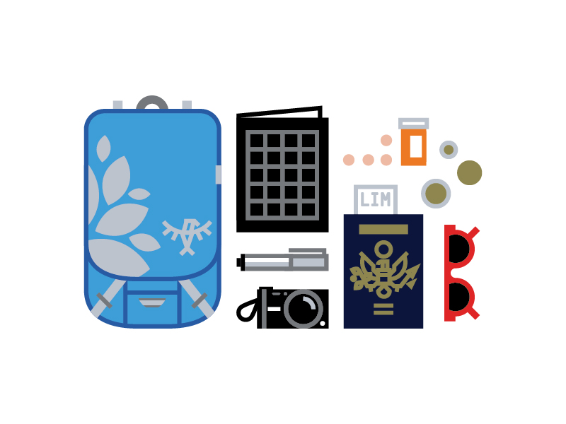 Travel gear - backpack, sketchbook , pens, camera , malaria pills (unnecessary), currency, and - of course - sunglasses! 