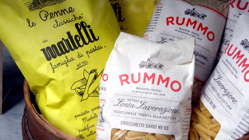 Pasta packaging in a store window