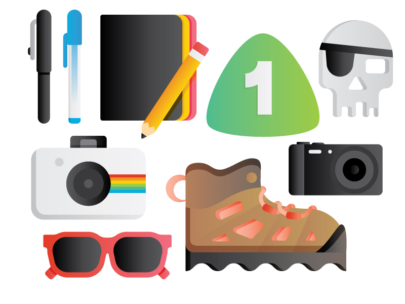 My traveling supplies (sketchbook, drawing utensils, sunglasses, Polaroid Snap camera, regular point and shoot camera); along with two of my favorite stops: Route 1 and 826 Valencia .