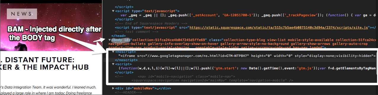 Inspecting the element in Chrome, you can see the script was injected successfully below the body tag. 