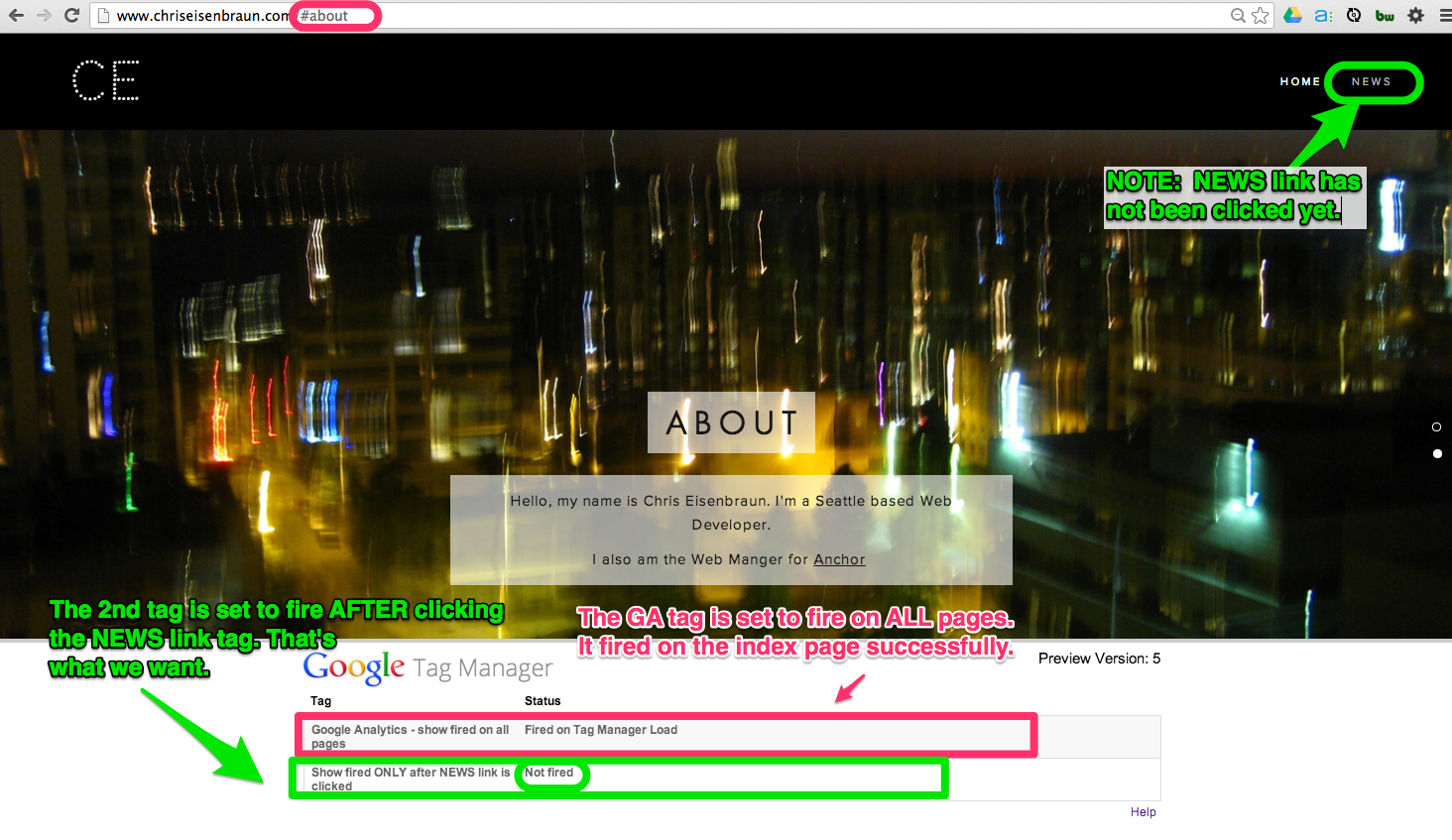 Here I am in GTM preview mode. Notice since only one predefined rule condition was met, only one tag fired. 