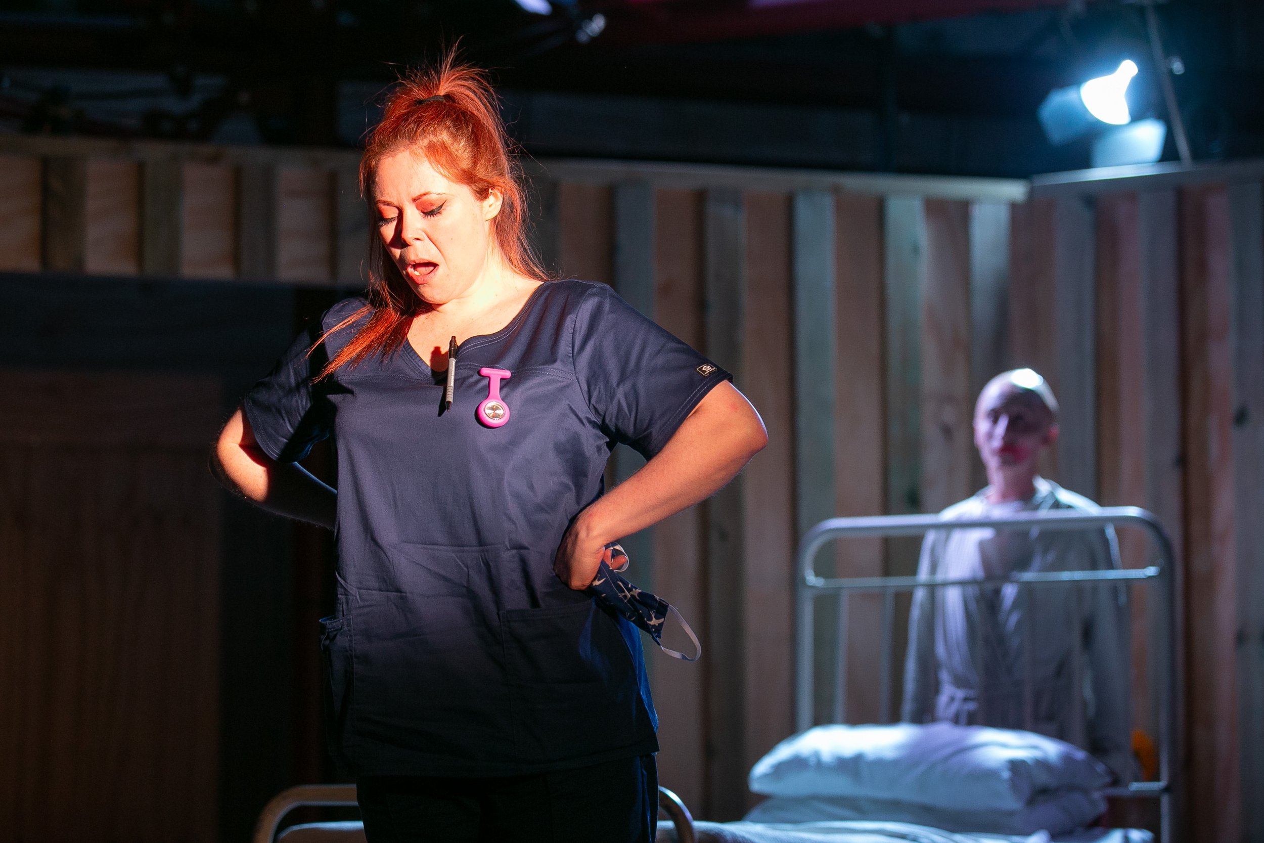 Caroline Carragher as 'nurse', Becca Marriot as 'the patient' in Hopes & Fears at The Arcola theatre - credit Mark Gascoigne .jpg