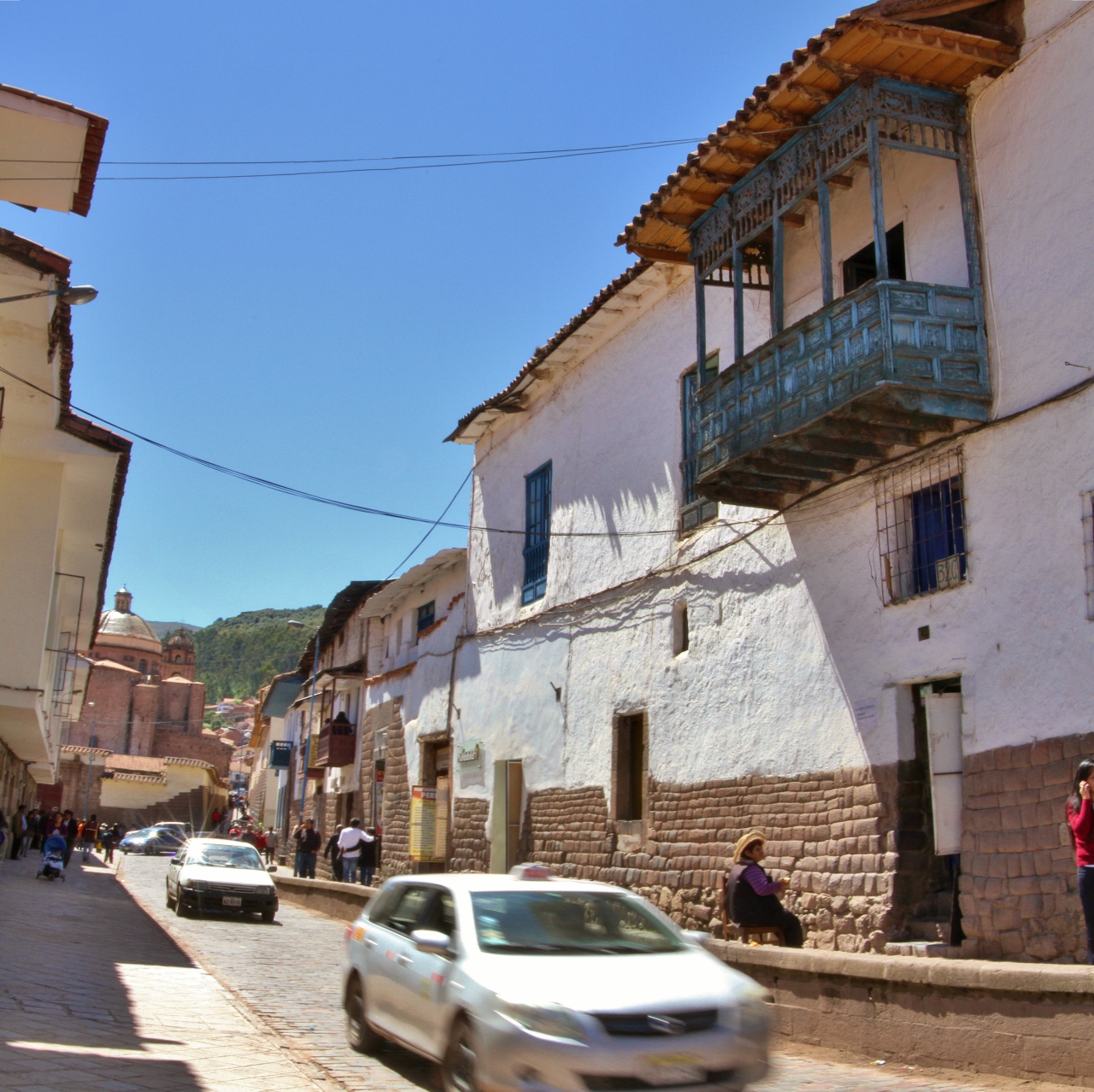 Typical Cusco street. You can see the Spanish colonial-style architecture atop indigenous-built foundations