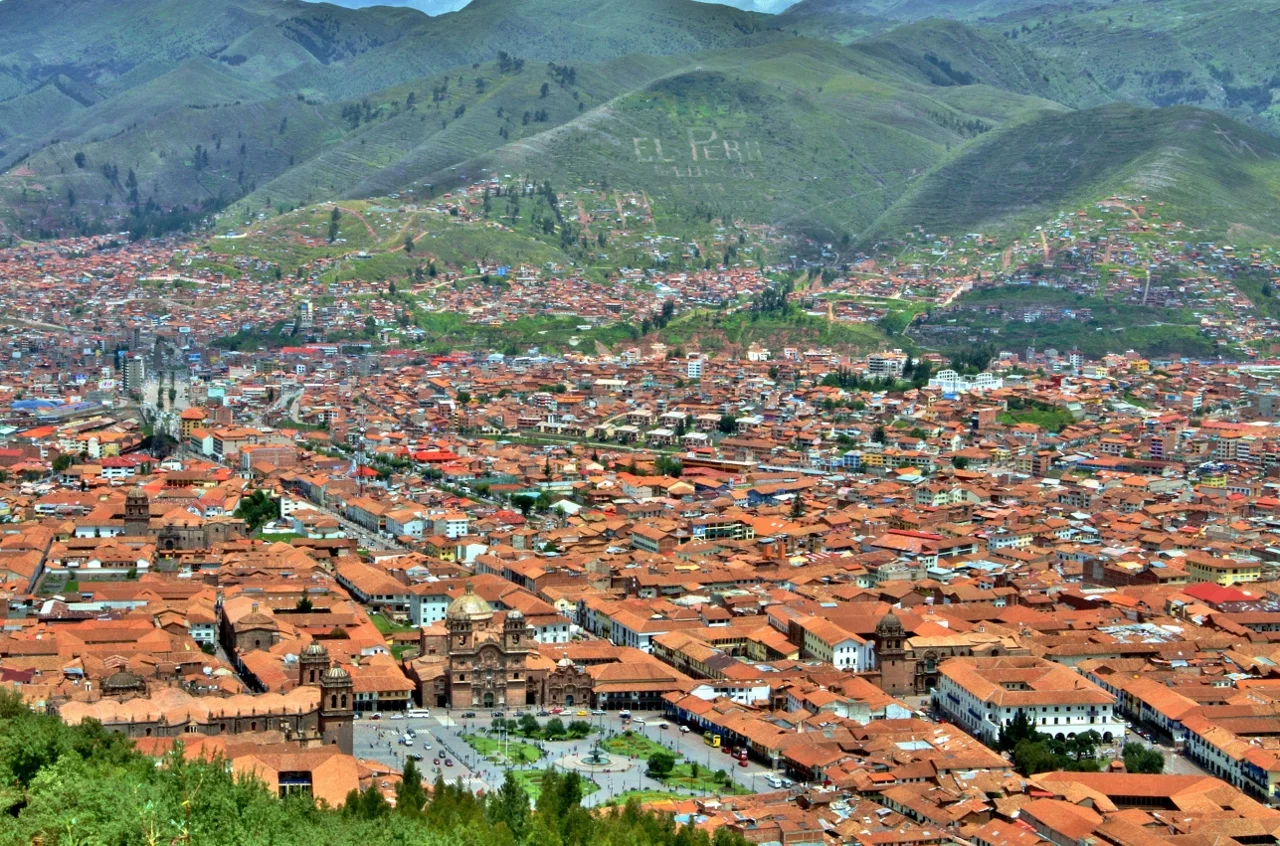 Plaza de Armas and downtown Cusco, as seen from Saksaywaman